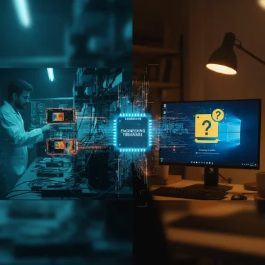 A lab engineer works on hardware while a glowing 'Engineering Firmware' chip links lab gear to a Windows PC.