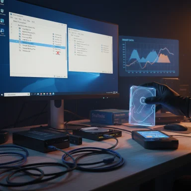 Gloved hand holds a translucent holographic hard drive beside a dual-monitor data workstation.