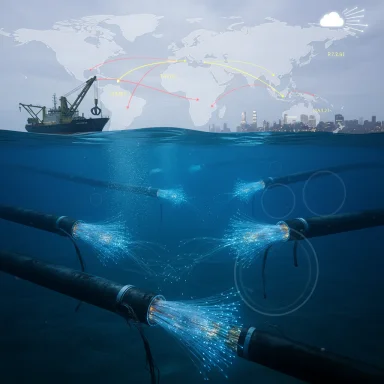 Subsea fiber-optic cables link continents, illustrated by routes on a world-map backdrop.