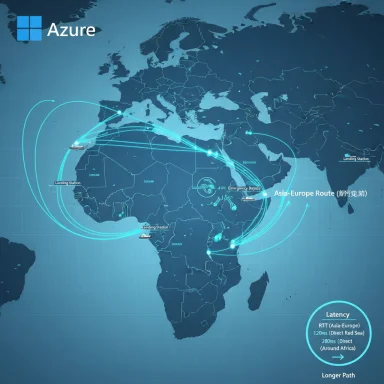 Azure network map showing Asia–Europe routes with latency arcs.