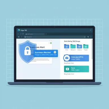 A laptop screen shows a scareware alert and a blue 'blocked' notification on a blue-themed browser interface.