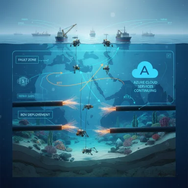 Underwater ROVs repair submarine cables while Azure Cloud Services monitors the operation.