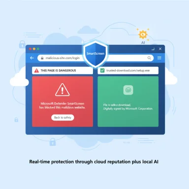 SmartScreen blocks dangerous pages and flags safe downloads with cloud reputation plus local AI.