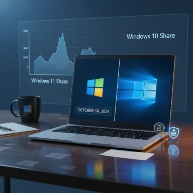 Laptop on a desk shows Windows branding as share graphs project on the wall.