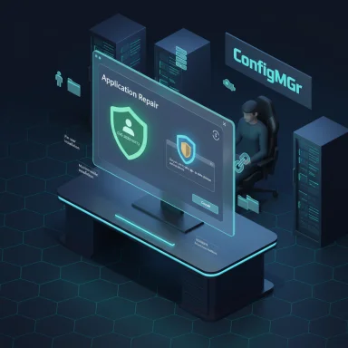 Futuristic IT workspace featuring a holographic monitor labeled 'Application Repair' with a shield icon.