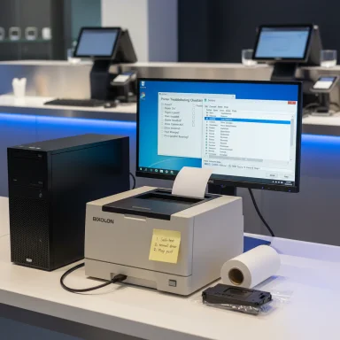 A Bixolon printer sits on a desk next to a computer monitor in a tech showroom.