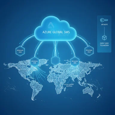 Azure Global SMS cloud connects to regional hubs worldwide via API keys.