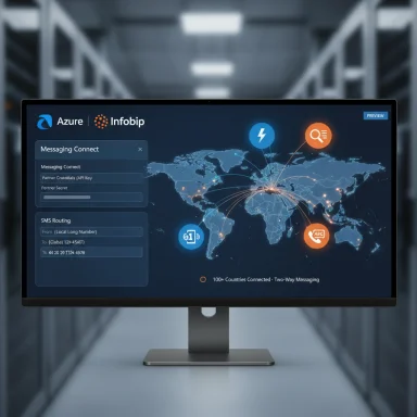 A monitor in a data center displays Azure Infobip's global messaging map.