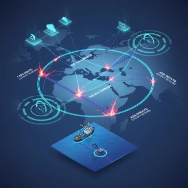 Futuristic global map of shipping routes linked to cloud data hubs across continents.
