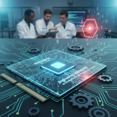 Futuristic processor on a circuit board with holographic data overlay as researchers study in the lab.