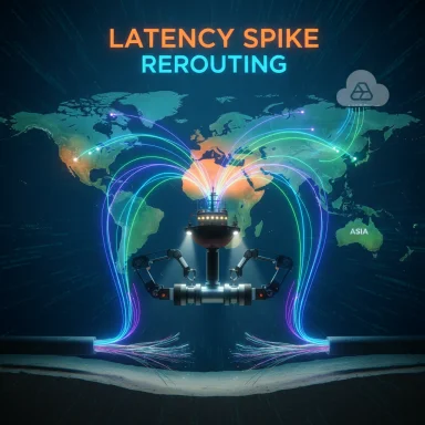 A robotic hub reroutes latency spikes across a glowing world map.