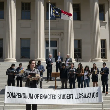 Students stand on the steps displaying the Compendium of Enacted Student Legislation.