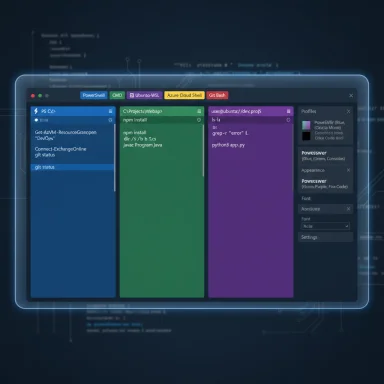 A glowing, multi-panel code editor with split terminal windows and profile settings.