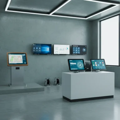 A futuristic control room with wall-mounted screens and touch-screen kiosks.