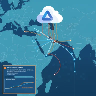 Azure Service Health map showing global network routes and RTT latency during a Red Sea cable disruption.
