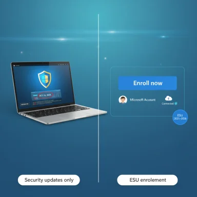 Split-screen UI showing security updates on the left and ESU enrolment on the right.