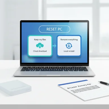 Laptop screen shows a PC reset UI with options to keep files or remove everything.