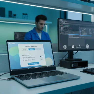 A technician in a blue lab coat works at a desk with a laptop displaying a debloat profile setup.
