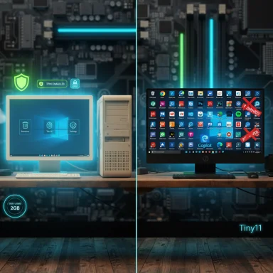 Split-screen desk setup: vintage desktop left, modern Tiny11 PC on the right.