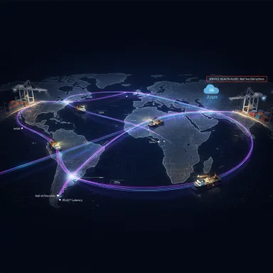 Global shipping lanes glow over a world map with Azure cloud and health alerts.