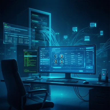 A futuristic control room with neon blue screens and a large monitor displaying user profiles.