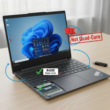 Lenovo laptop showing N4500 dual-core and a Not Quad-Core stamp.