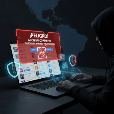 A hooded figure operates a laptop displaying a neon 'Peligro! Archivo corrupto' warning.