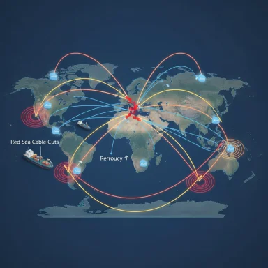 Global map of undersea telecom cables showing Red Sea cuts and reroutes.