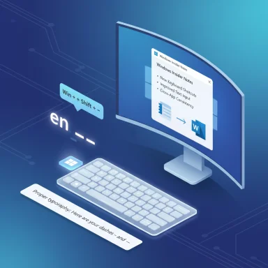Isometric computer setup with a curved monitor displaying Windows tips and keyboard shortcuts.