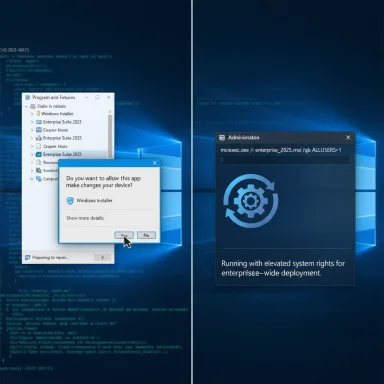 Windows desktop split: left shows a UAC prompt during install; right shows elevated MSI deployment.