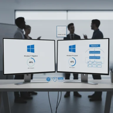 Two monitors show Windows 11 migration progress as a team discusses in a bright office.