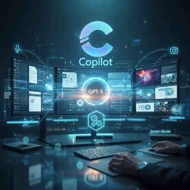Futuristic multi-monitor workspace displaying a holographic GPT-5 Copilot UI.