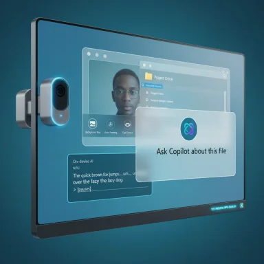 Futuristic monitor with a side camera and holographic AI UI, showing an 'Ask Copilot about this file' card.