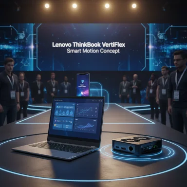 Lenovo ThinkBook VertFlex Smart Motion Concept on stage with a laptop and edge device.