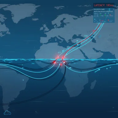 Blue world map showing BGP routes and latency indicators for global networking.