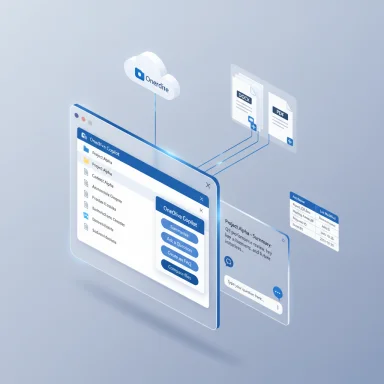 Isometric illustration of OneDrive Copilot linking cloud storage to documents and chat.