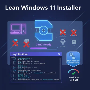 Neon-themed Windows 11 installer UI showing Tiny11builder, 25H2 Ready progress, and recovery options.