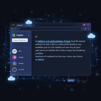 Futuristic AI workspace with Copilot sidebar featuring GPT, Claude, Gemini, Le Chat.