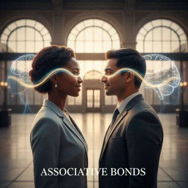Two suited professionals face each other in a grand hall, linked by glowing neural lines—associative bonds.