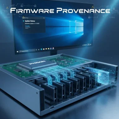 Futuristic server hardware with a PCB and monitor, highlighting firmware provenance.
