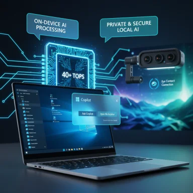 Futuristic laptop with on-device AI processing and private local AI, plus camera sensor and holographic UI.