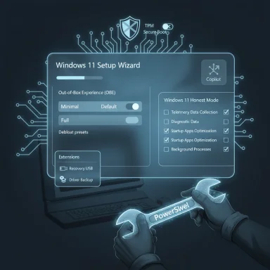 A futuristic technician repairs a holographic Windows 11 Setup Wizard interface with a glowing wrench.