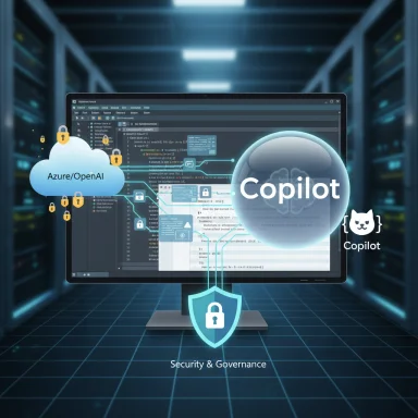 A computer monitor displays coding with Copilot, Azure/OpenAI cloud icons, and a Security & Governance shield.