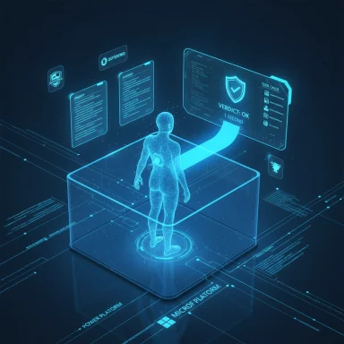 A glowing holographic human stands on a micro platform among futuristic digital UI panels.
