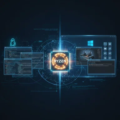Futuristic tech hub with a Ryzen CPU at the center, surrounded by holographic screens and circuits.