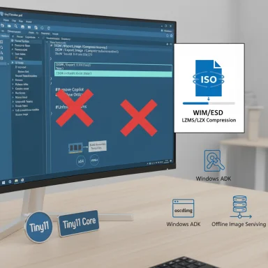 Monitor shows a code editor with two red X marks and ISO compression promo beside Tiny11 branding.