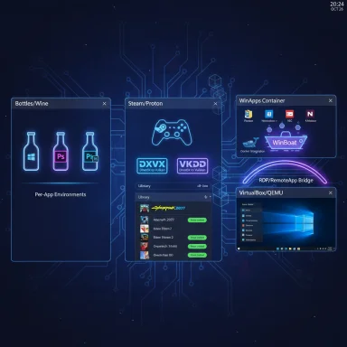 A futuristic UI dashboard showing containerized apps and emulation environments on a neon circuit backdrop.