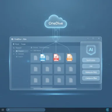 A cloud-based OneDive file manager UI with document icons and an AI tools panel.