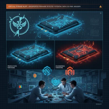 Critical storage alert as engineers analyze blue and red firmware schematics on chips.