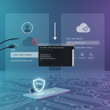 Two Windows setup screens—offline vs online—over aRUby terminal, with a glowing Rufus USB shield on a circuit board.